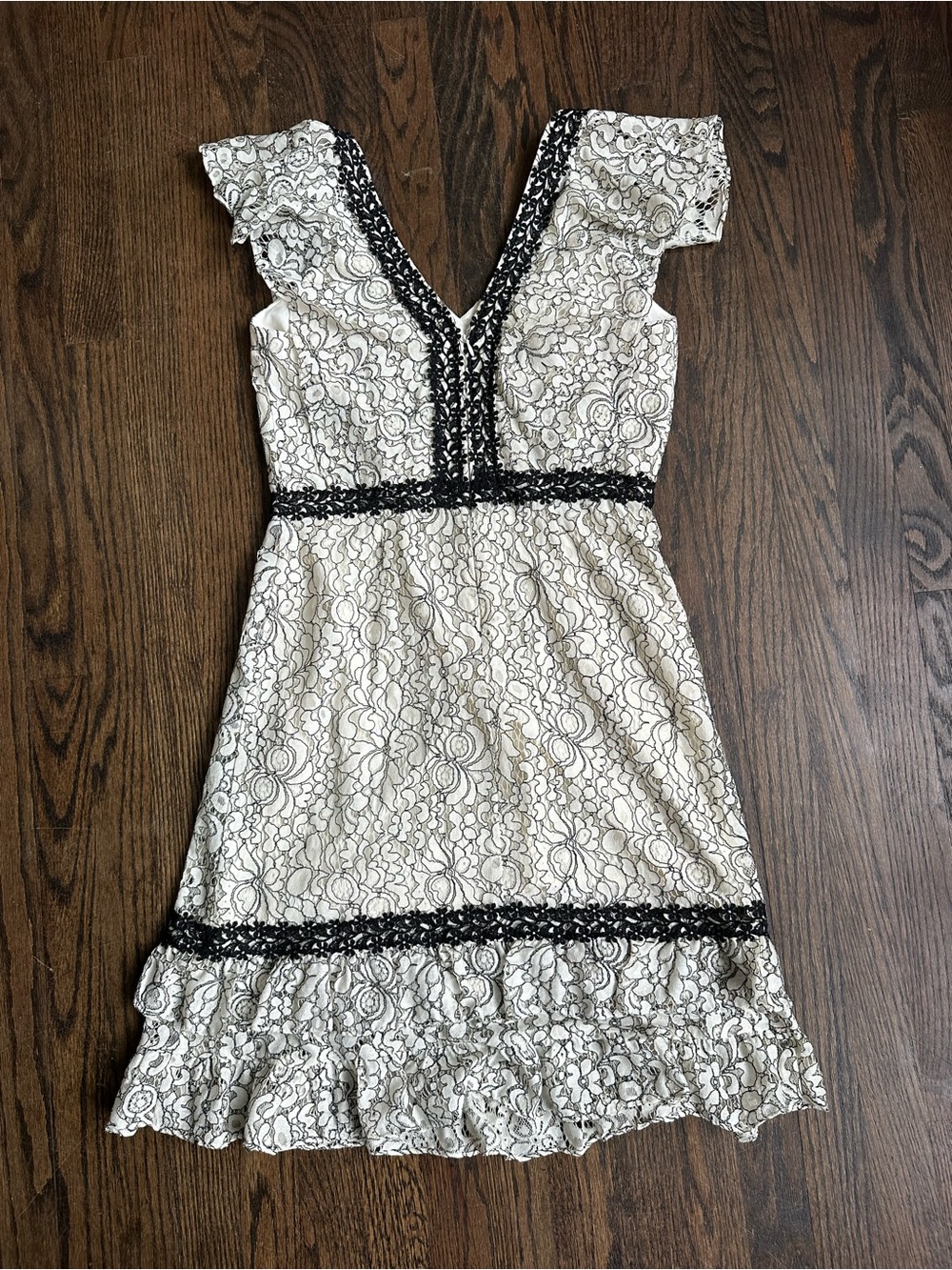 Nanette Lepore White Lace Mini Dress with Black Trim